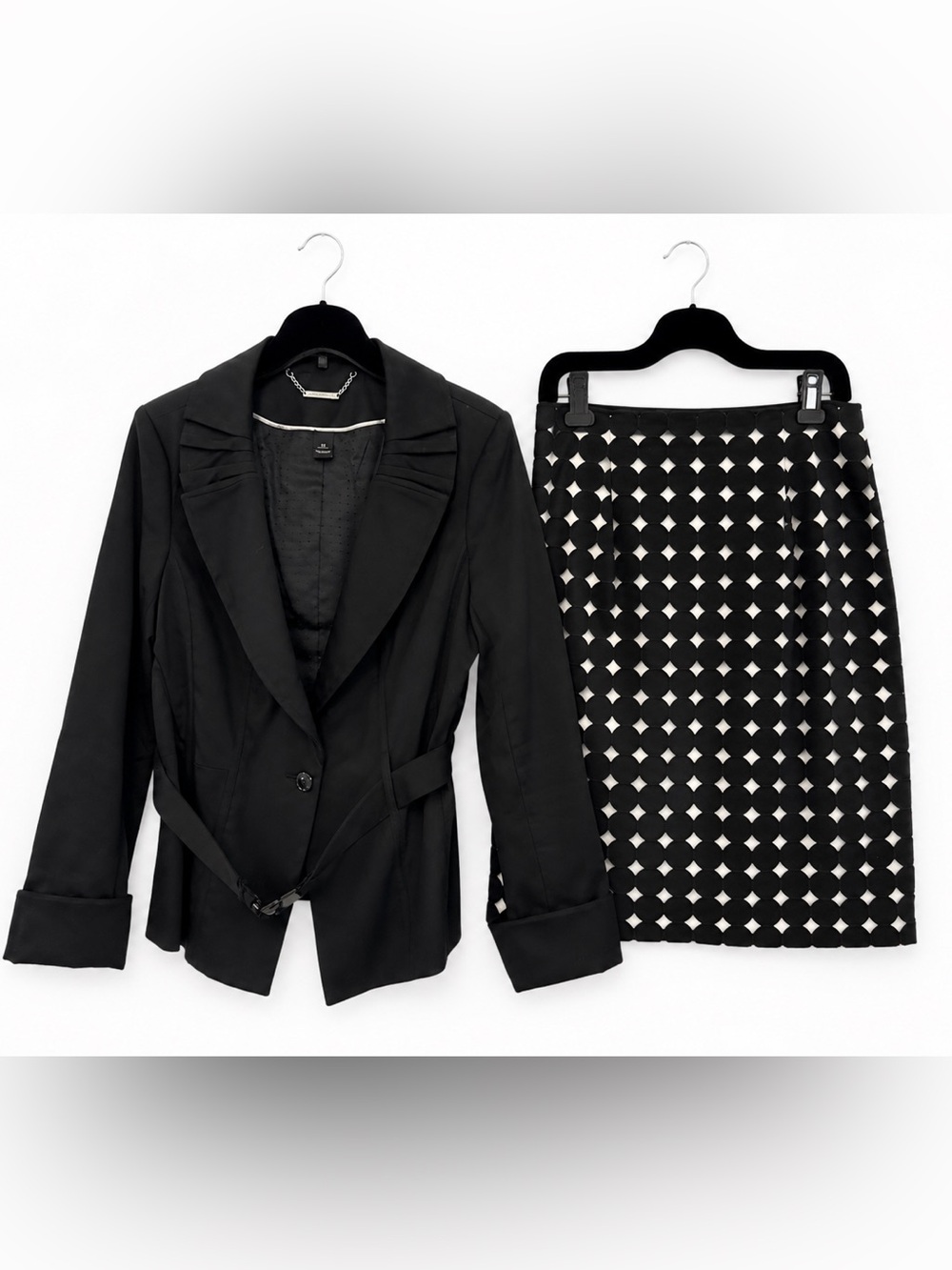 Ladies Black & White Dot-Pattern Pencil Skirt & Black Suit Jacket - Size 12